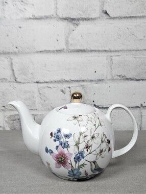 Fringe Studio Floral Bird Ceramic Teapot Gold Lid White Botanical Tea Pot